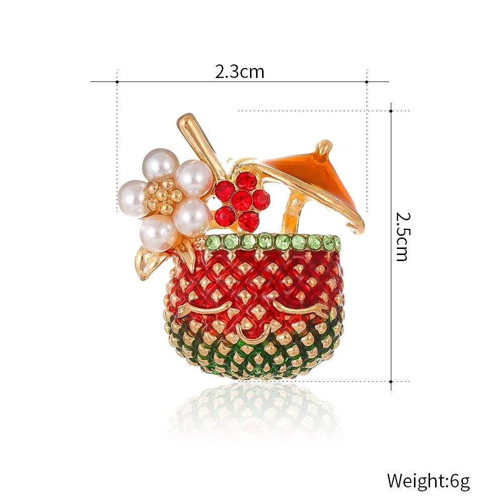 Cute Coconut Juice Cup Brooch With Pearl Rhinestone Enamel, Elegant Lapel Pin Corsage Suit Accessory Gift