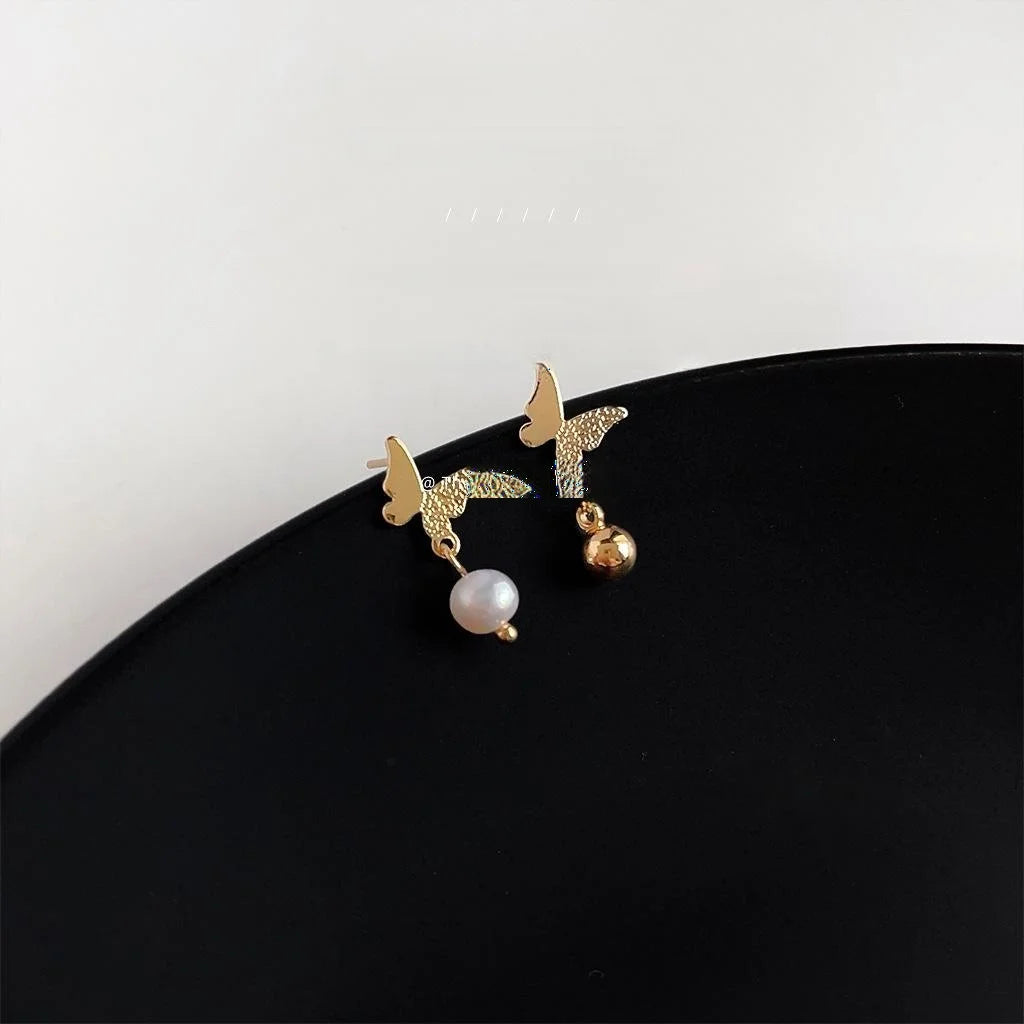 14K Plated Copper Freshwater Pearl Butterfly Stud Earrings Sweet Handmade Jewelry