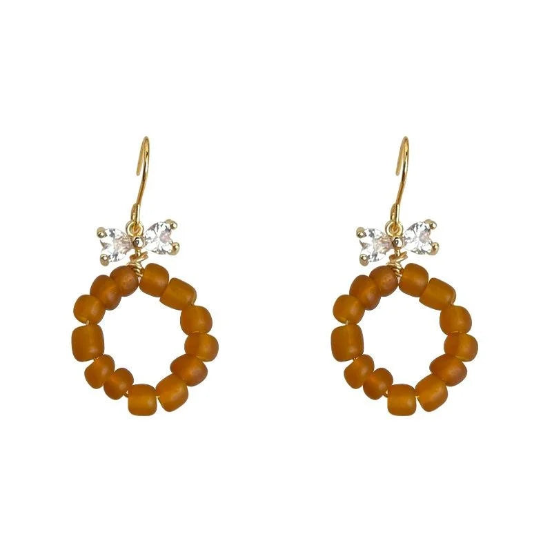 Maillard Style Copper Zircon Bow Geometric Tassel Heart Drop Earrings Vintage Handmade Jewelry