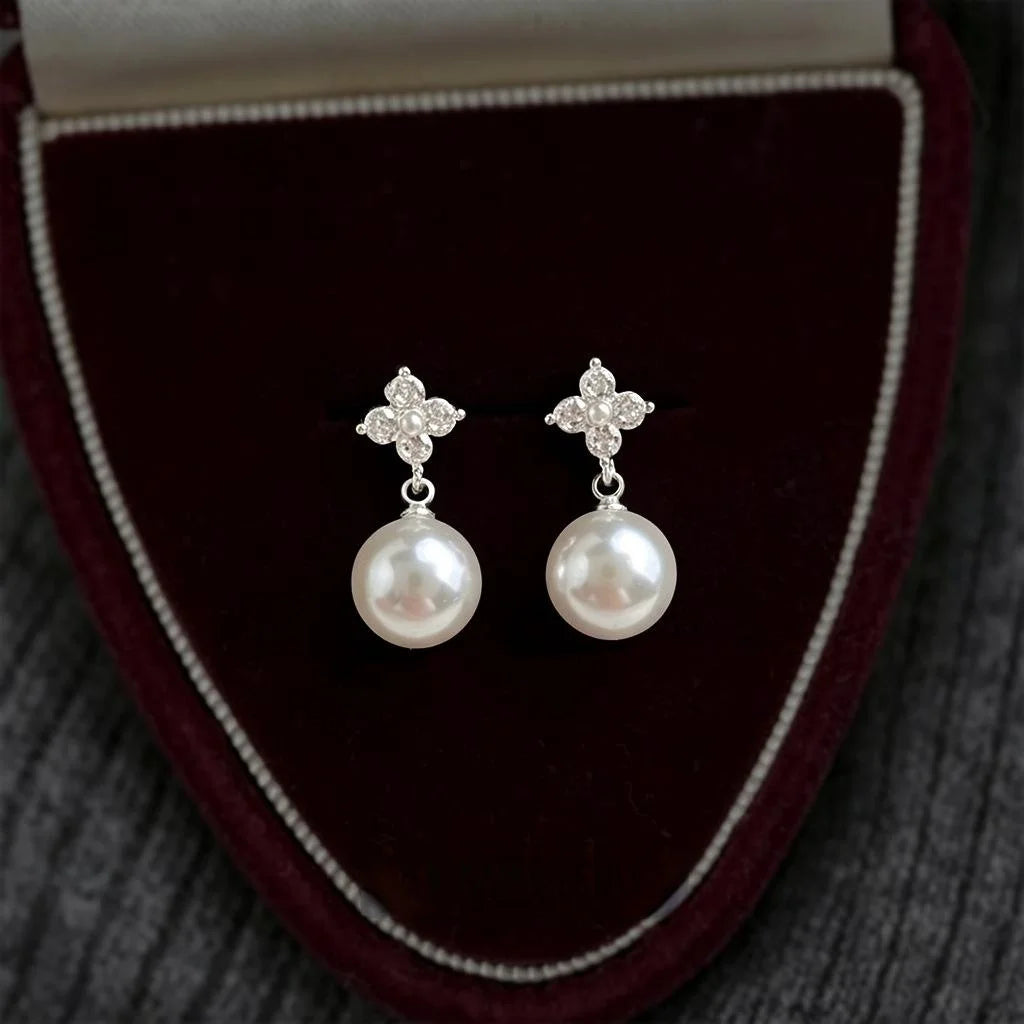 Light Luxury Eco-Friendly Copper Micro Pave Zircon Pearl Geometric Drop Earrings