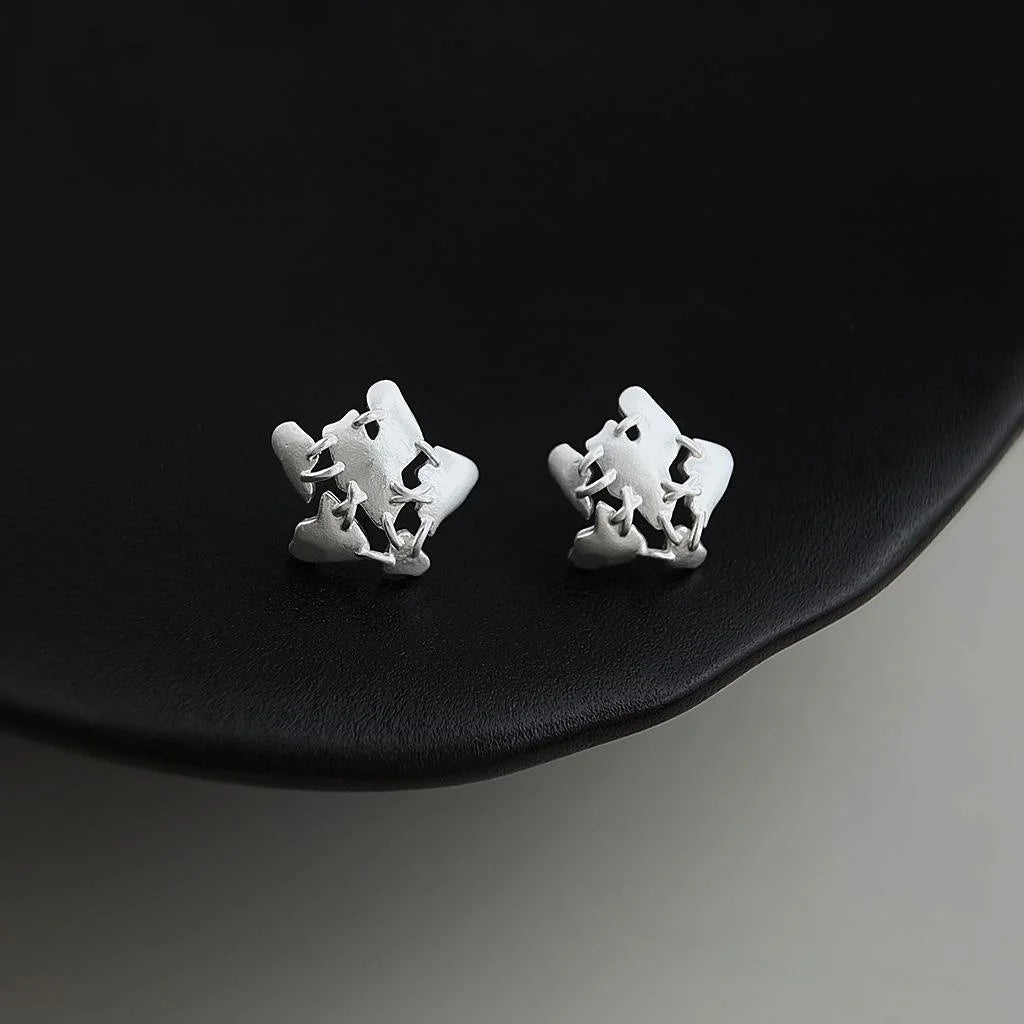 Matte Silver Plated Copper Star Stud Earrings, Suture Design Style