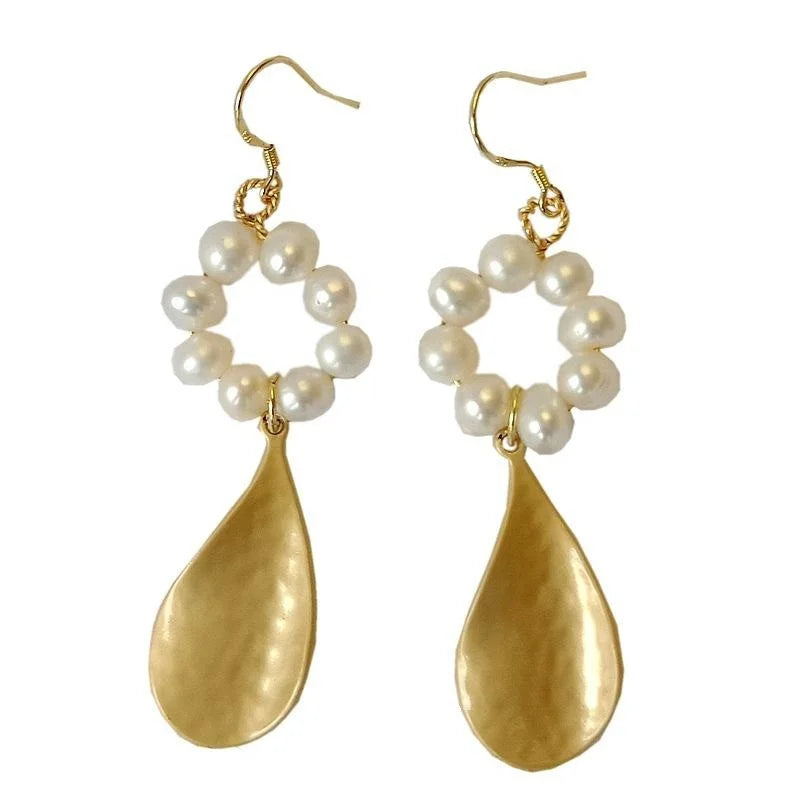 Vintage Silver Plated Freshwater Pearl Oval Drop Earrings Handmade Long Geometric Jewelry