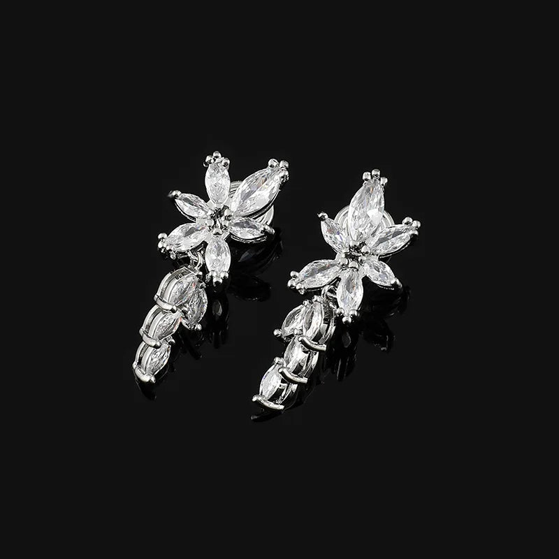 Elegant Zircon Leaf Wheat Flower Stud & Clip On No Piercing Bridal Dangle Earrings