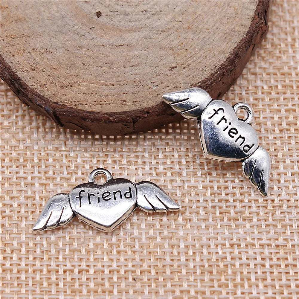 26x12mm 2.2g Antique Silver Zinc Alloy Winged Heart Friends Wing Charm Pendant for DIY Jewelry Making