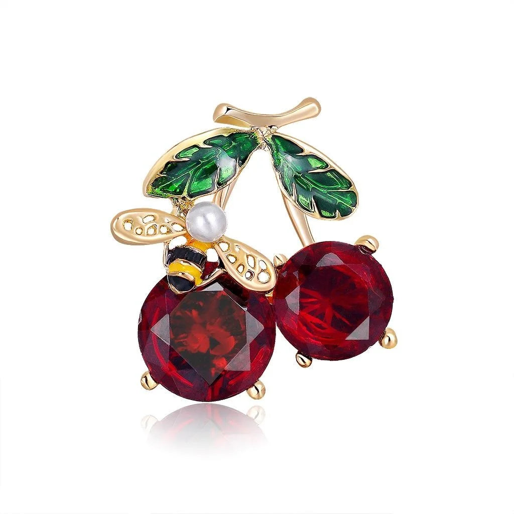 Cute Cherry Bee Enamel Rhinestone Brooch For Women, Alloy Lapel Pin Cardigan Clasp Suit Accessory Gift