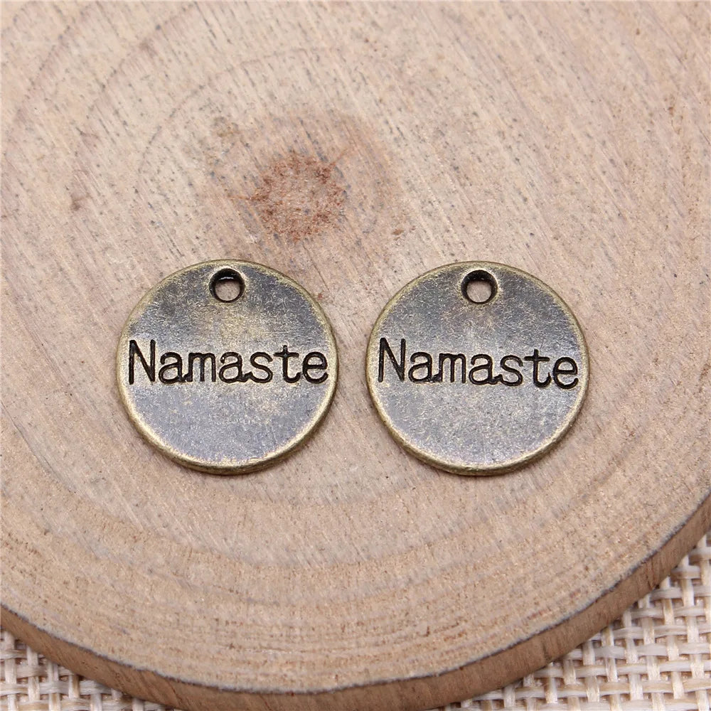 15x15mm 1.35g Zinc Alloy Round Namaste Word Tag Letter Charm Pendant for DIY Yoga Theme Jewelry Making
