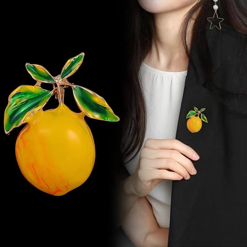 Fresh Lemon Fruit Enamel Alloy Brooch With Green Leaves, Cute Summer Lapel Pin Corsage Gift For Women