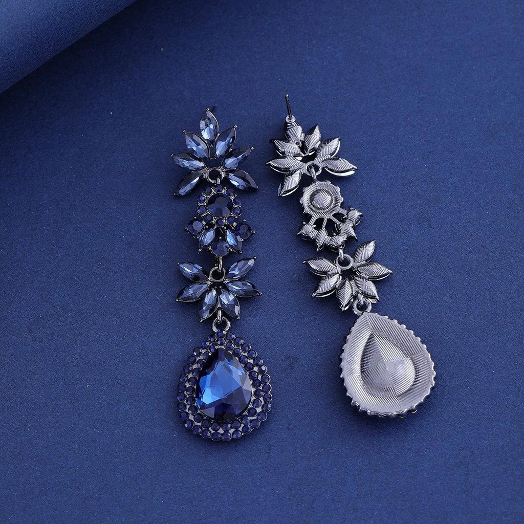 Luxury Blue Crystal Rhinestone Teardrop Flower Dangle Earrings, Alloy Statement Jewelry For Wedding Banquet