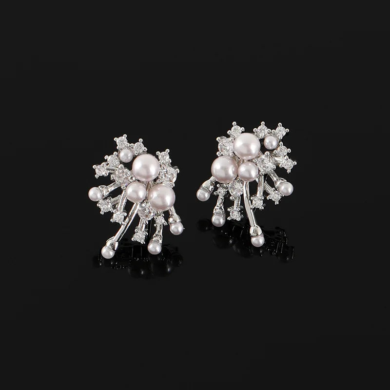 Elegant Firework Starburst Pearl Zircon Alloy Stud & Clip On No Piercing Bridal Party Earrings
