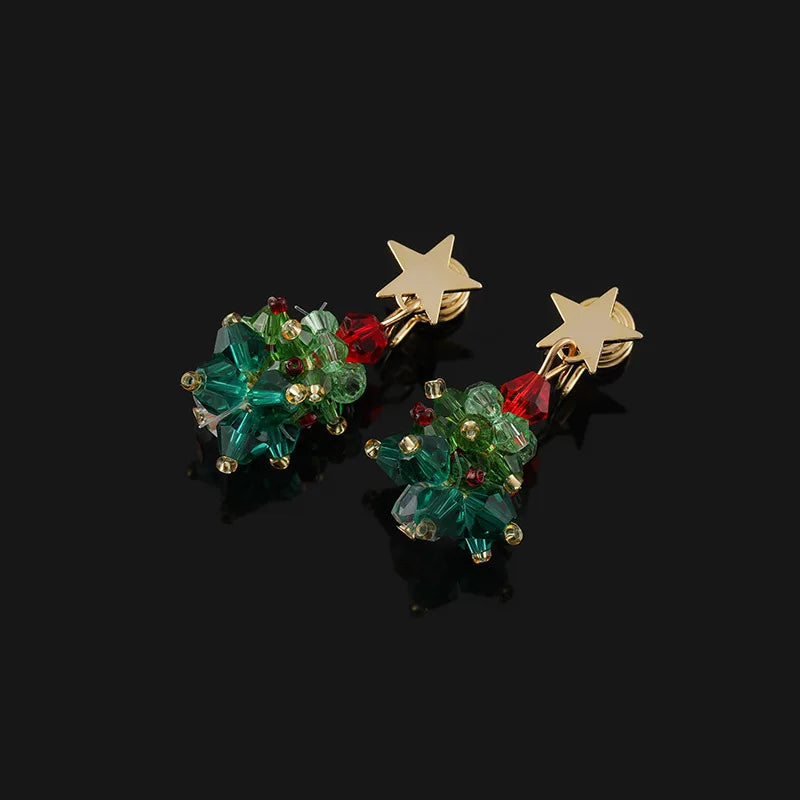Elegant 3D Christmas Tree Star Crystal Bead Alloy Stud & Clip On No Piercing Holiday Drop Earrings