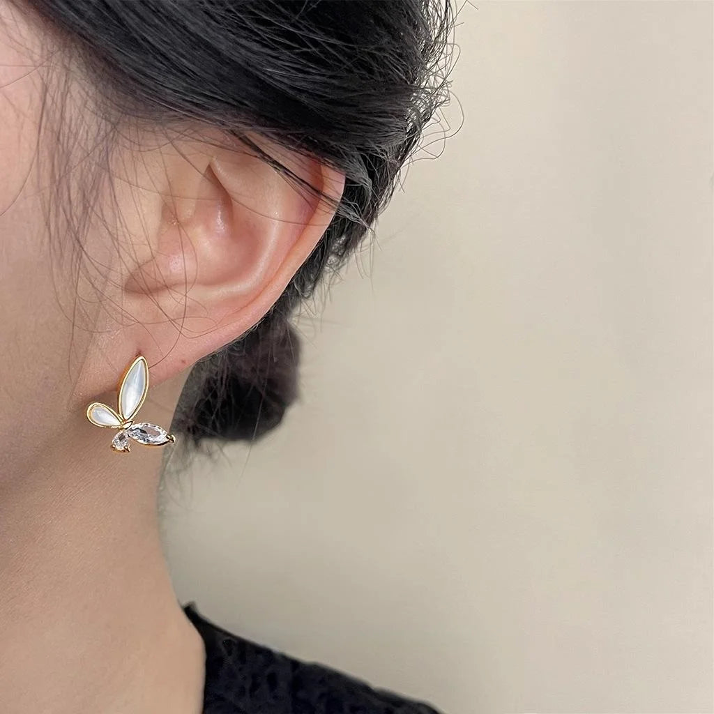 French Romantic Butterfly Stud Earrings With Real Shell Inlay Zircon Irregular Flower Luxury Style