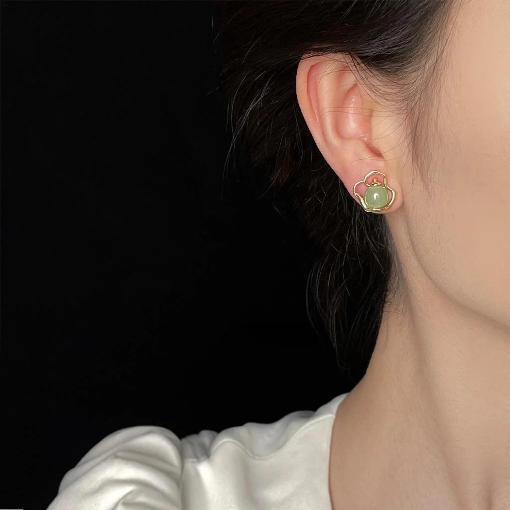 Designer Natural Aventurine Jade Teapot Stud Earrings 14K Plated Copper New Chinese Jewelry