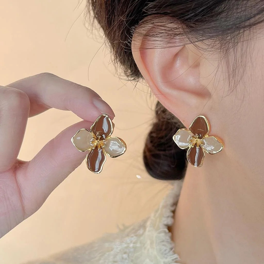 French Vintage Burgundy Enamel Flower Stud Earrings 14K Gold Plated Copper Fashion Jewelry