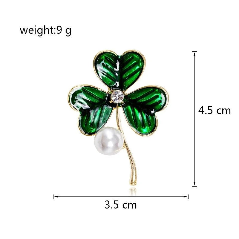Elegant Green Enamel Three Leaf Clover Pearl Rhinestone Brooch Lapel Pin Corsage Suit Accessory Gift