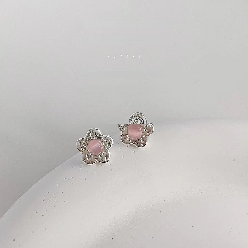 Sweet Cool Mini Pink Glass Cat Eye Peach Blossom Copper Stud Earrings For Women
