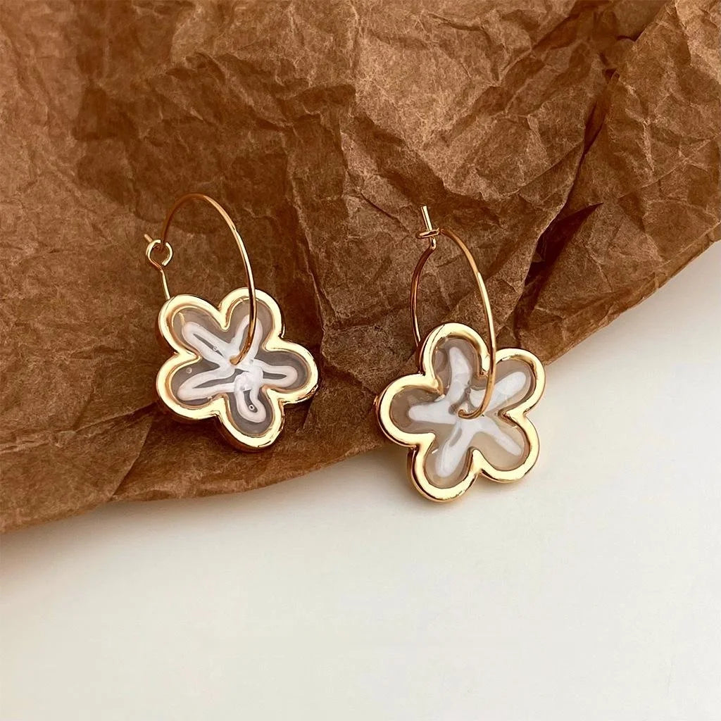 Sweet Floral Copper Hoop Earrings For Women, Elegant Geometric Round Statement Jewelry
