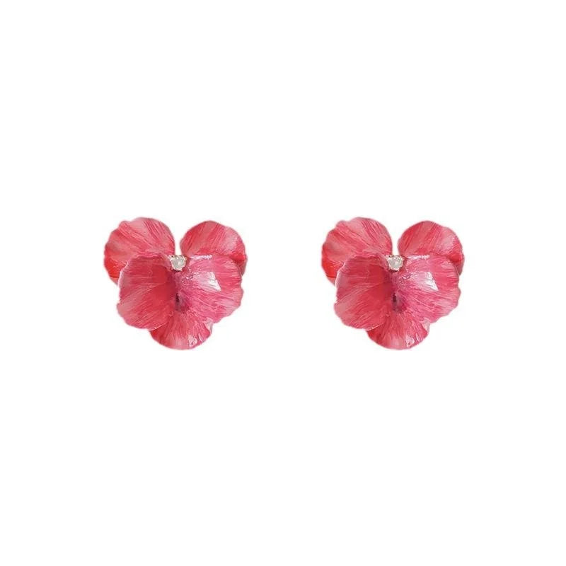 14K Plated Copper 3D Floral Petal Stud Earrings With Red Wave Korean Japanese Style