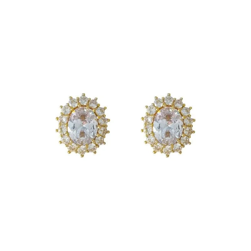 14K Gold Plated Copper Micro Pave Zircon Oval Clip On Drop Earrings For Non Pierced Ears