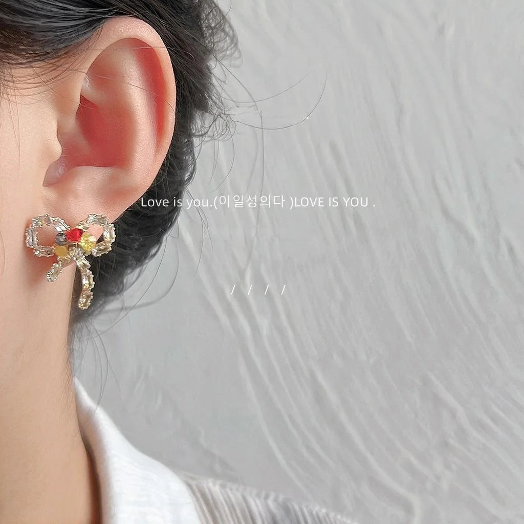 Micro Pave Zircon Bow Stud Earrings 14K Gold Plated Copper Handmade Designer Jewelry