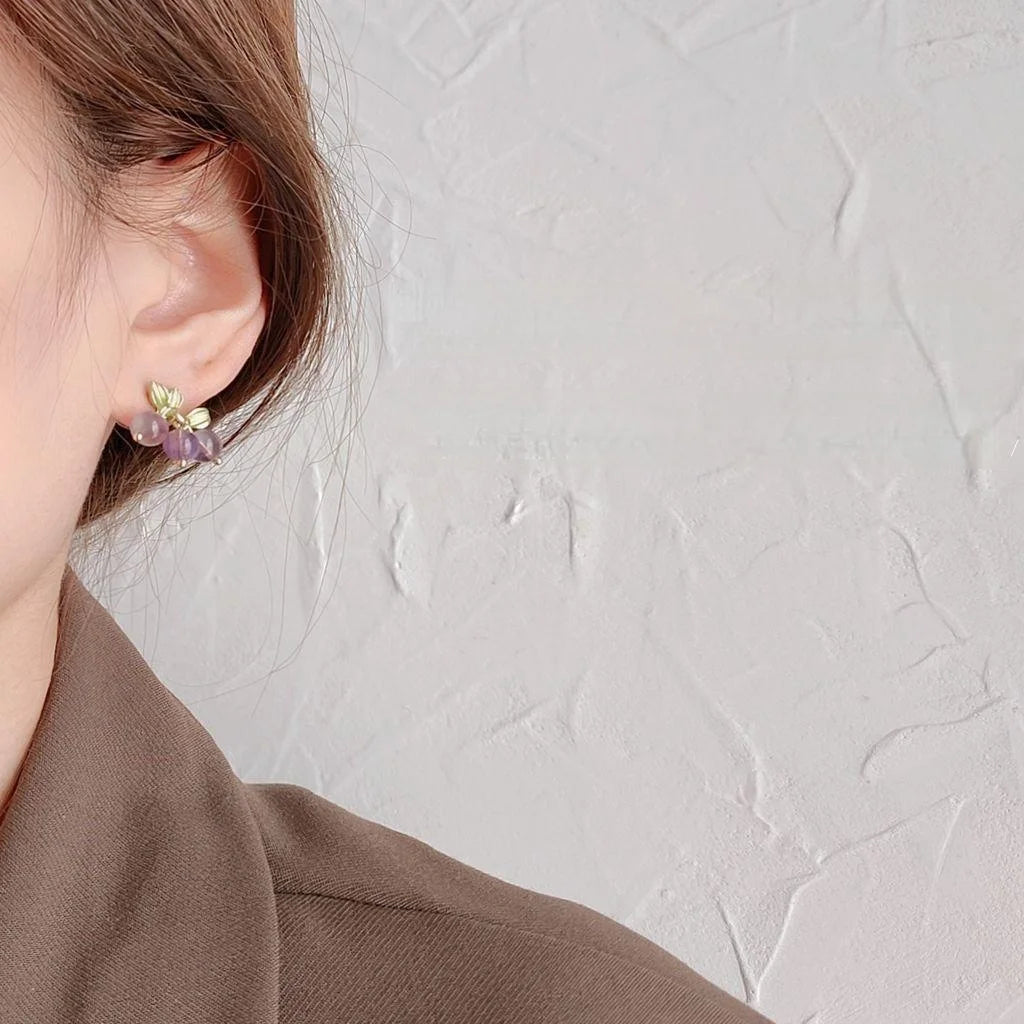 Natural Amethyst Stone Grape Stud Earrings Silver Plated Enamel Pastoral Handmade Jewelry