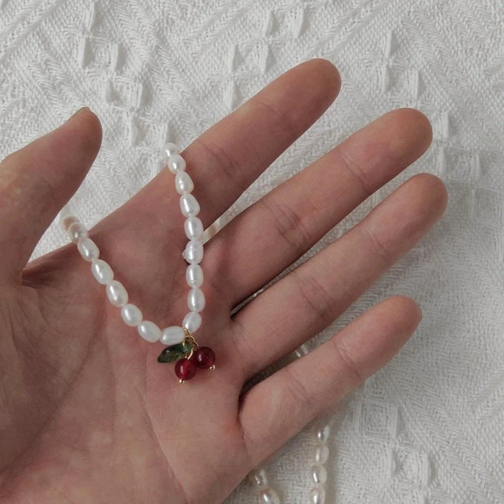 French Vintage Freshwater Pearl Cherry Copper Choker Necklace For Women