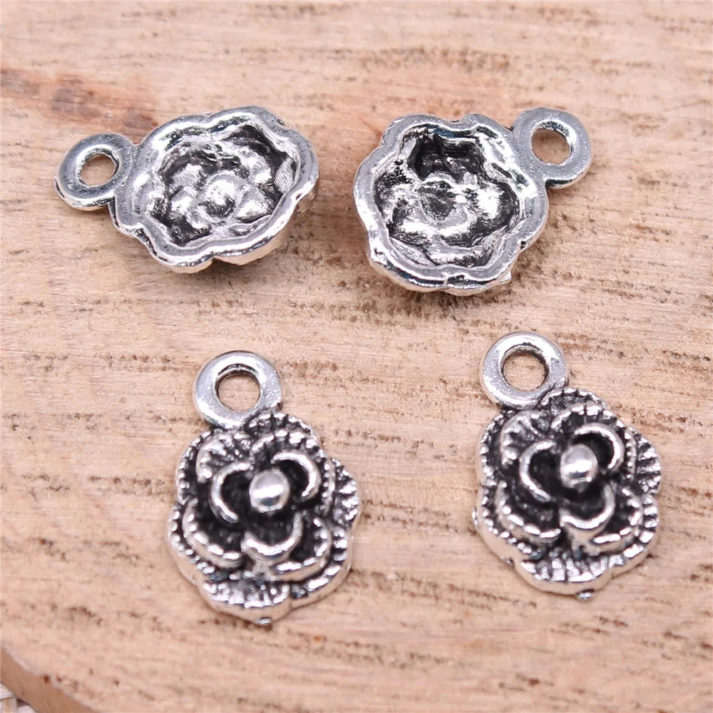 14x10mm 0.8g Antique Silver Zinc Alloy Flower Charm Pendant for Bracelet Earring Jewelry Making