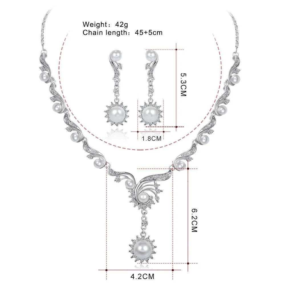 Elegant Pearl Rhinestone Necklace And Earrings Jewelry Set Silver Tone Bridal Jewelry For Wedding Party Gift