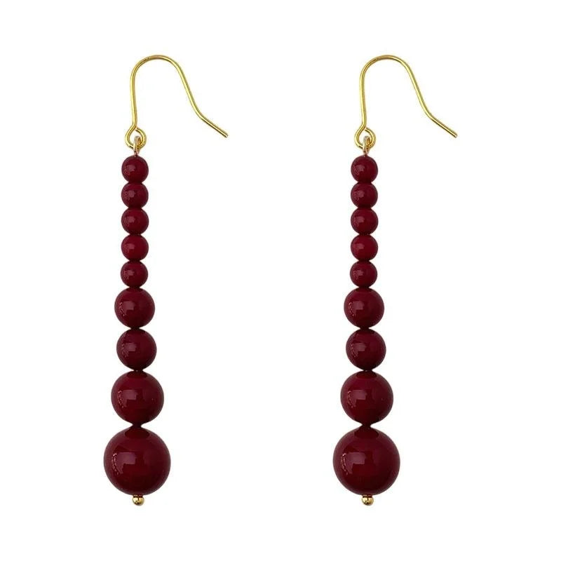 Hepburn Style Red Glass Pearl Tassel Drop Earrings With Copper Geometric Design