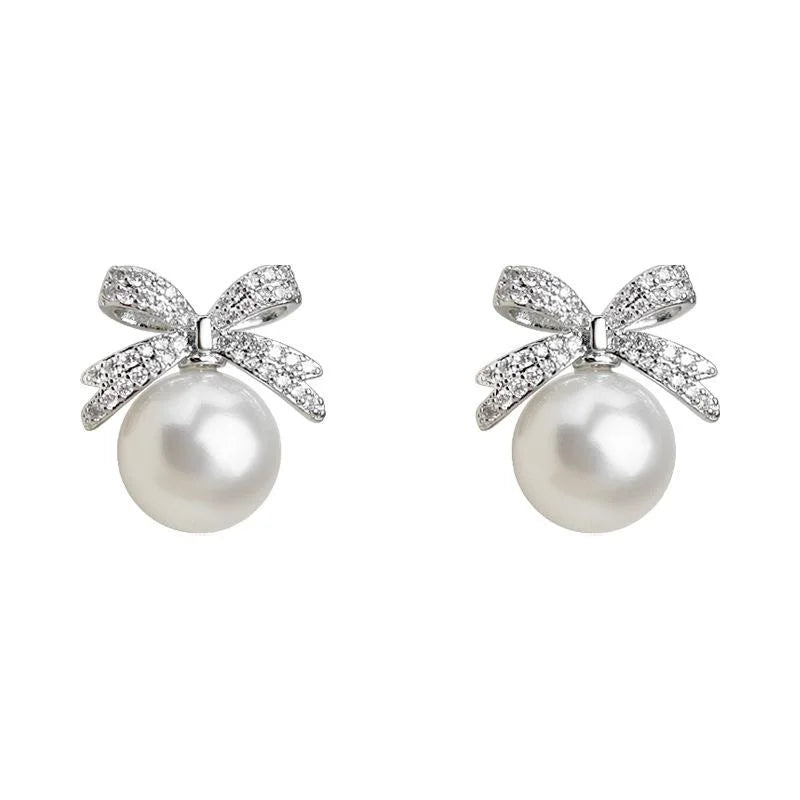 Micro Pave Zircon Bow Glass Pearl Stud Earrings Light Luxury Copper
