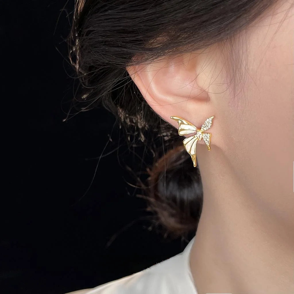 Elegant French Copper Micro Pave Zircon Liquid Butterfly Stud Earrings Light Luxury Jewelry