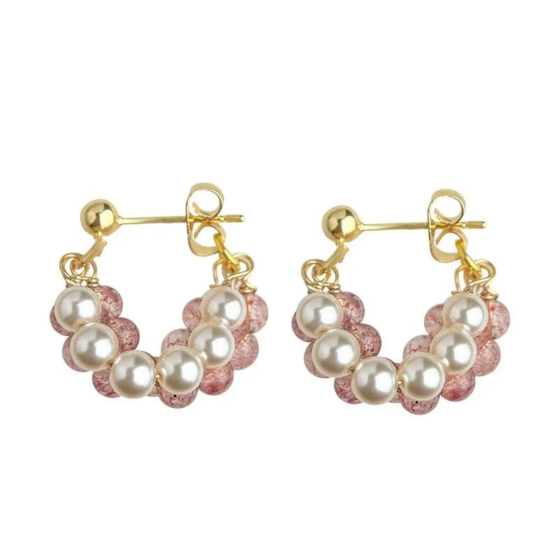 Sweet Strawberry Quartz Natural Stone Drop Earrings Handmade Copper Geometric Hoop