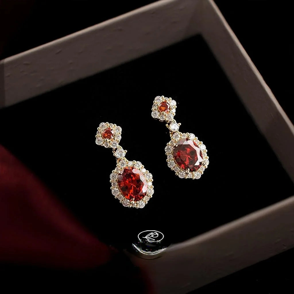 Vintage Court Style Burgundy Zircon Geometric 14K Plated Copper Drop Earrings