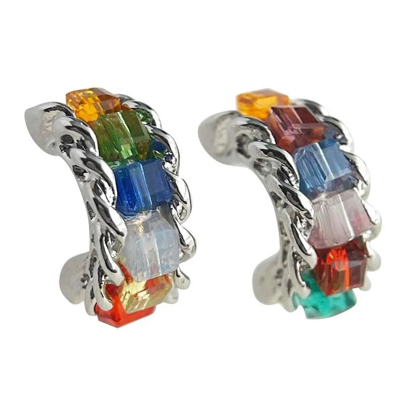 Sweet Cool Candy Color Glass Crystal C-Shaped Hoop Earrings For Women