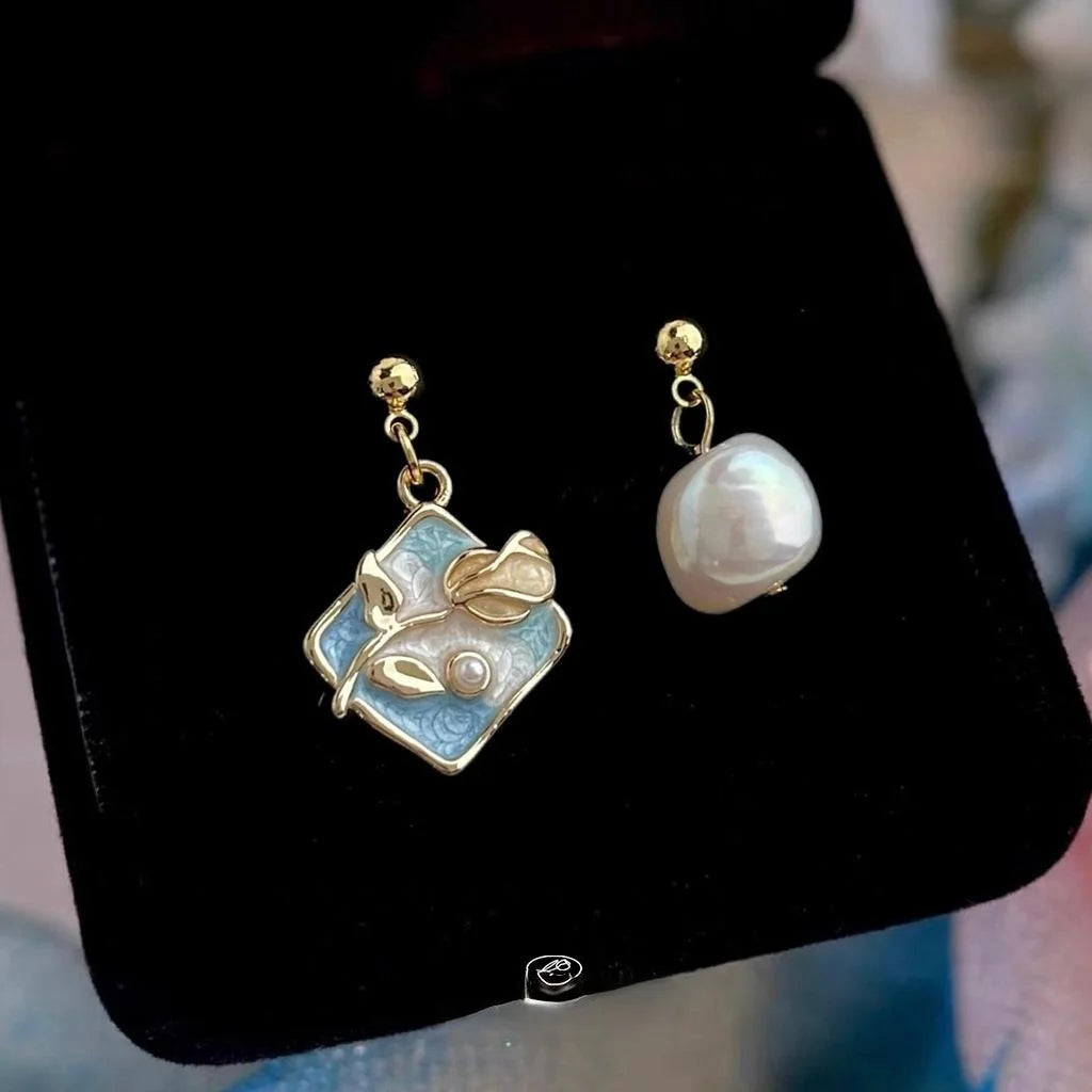 Monet Garden Asymmetric Irregular Baroque Freshwater Pearl Rose Petal Luxury Drop Earrings