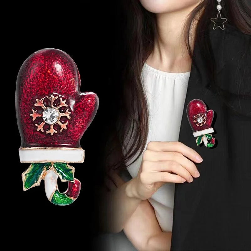 Cute Christmas Mitten Candy Cane Alloy Enamel Rhinestone Brooch, Festive Lapel Pin Corsage Gift