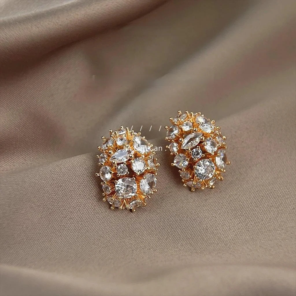 Light Luxury Oval Zircon Micro Pave Copper Stud Earrings, Geometric Statement Jewelry