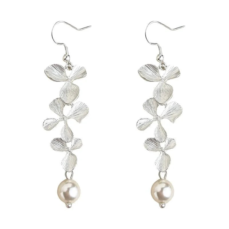 Vintage Silver Metal Flower Tassel Drop Earrings With Glass Pearl Petal Geometric Design