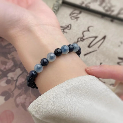 Blue Sandstone Agate Crystal Beaded Bracelet Retro New Chinese Geometric Womens Jewelry