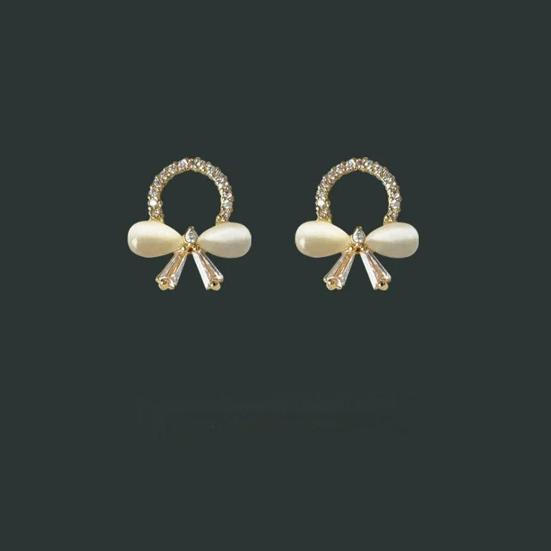 Sweet Korean Style 14K Plated Copper Bow Stud Earrings With Micro Pave Zircon Glass Cat Eye