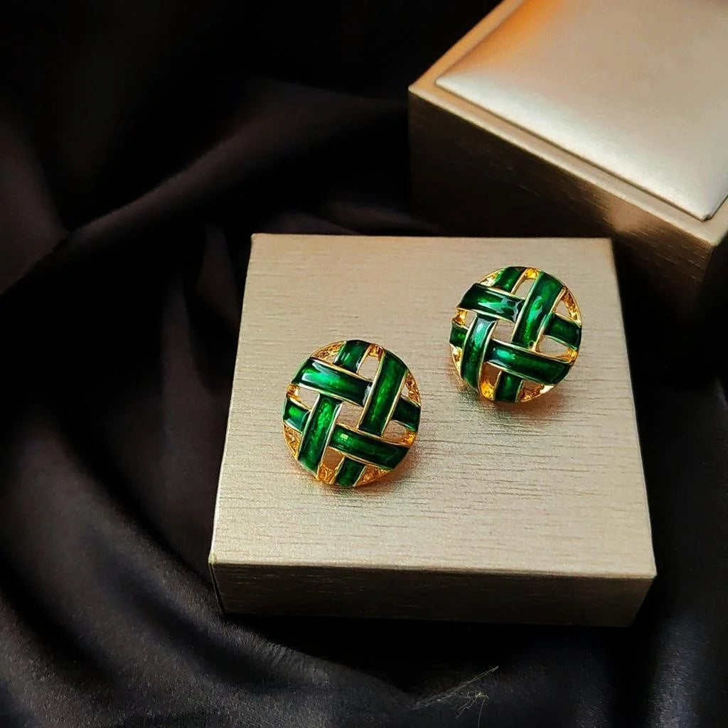Light Luxury Vintage Woven Half Moon Green Enamel Hollow Copper Stud Earrings