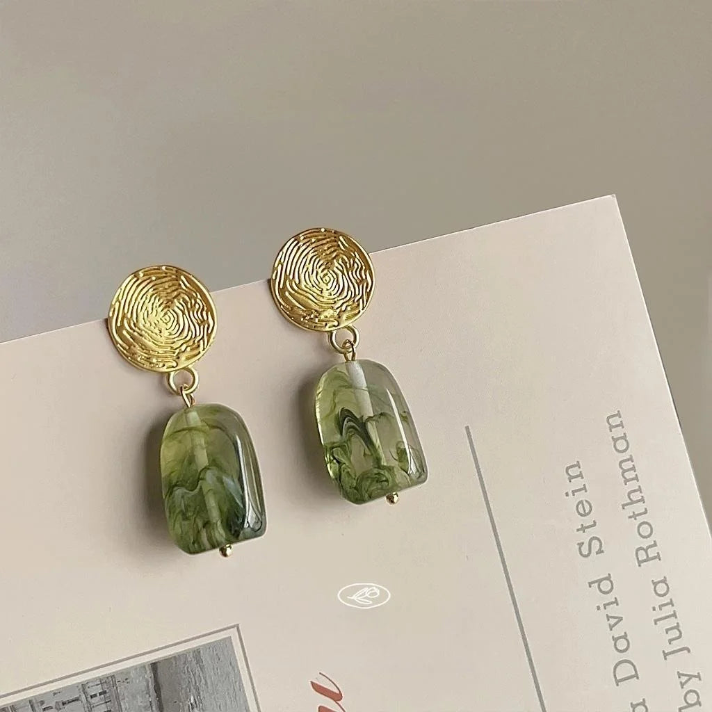 Matte Gradient Green Resin Round Stud Earrings Silver Plated Pin Forest Fairy Summer Jewelry