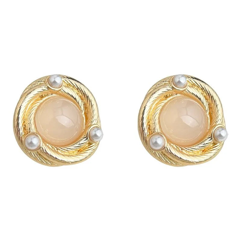 French Vintage 14K Plated Copper Geometric Round Line Stud Earrings