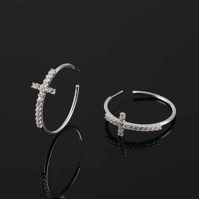 Elegant Silver Tone Alloy Zircon Cross Hoop Stud & Clip On No Piercing Geometric Circle Earrings