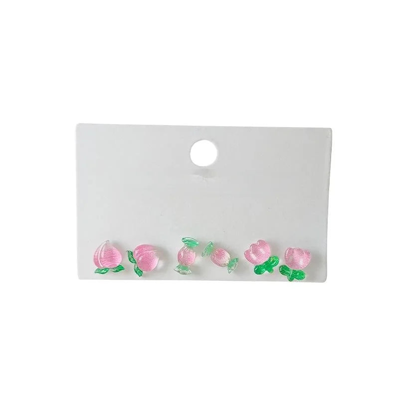 Sweet Peach Resin Mini Stud Earrings 3 Piece Silver Plated Pin Cute Fruit Petal Jewelry