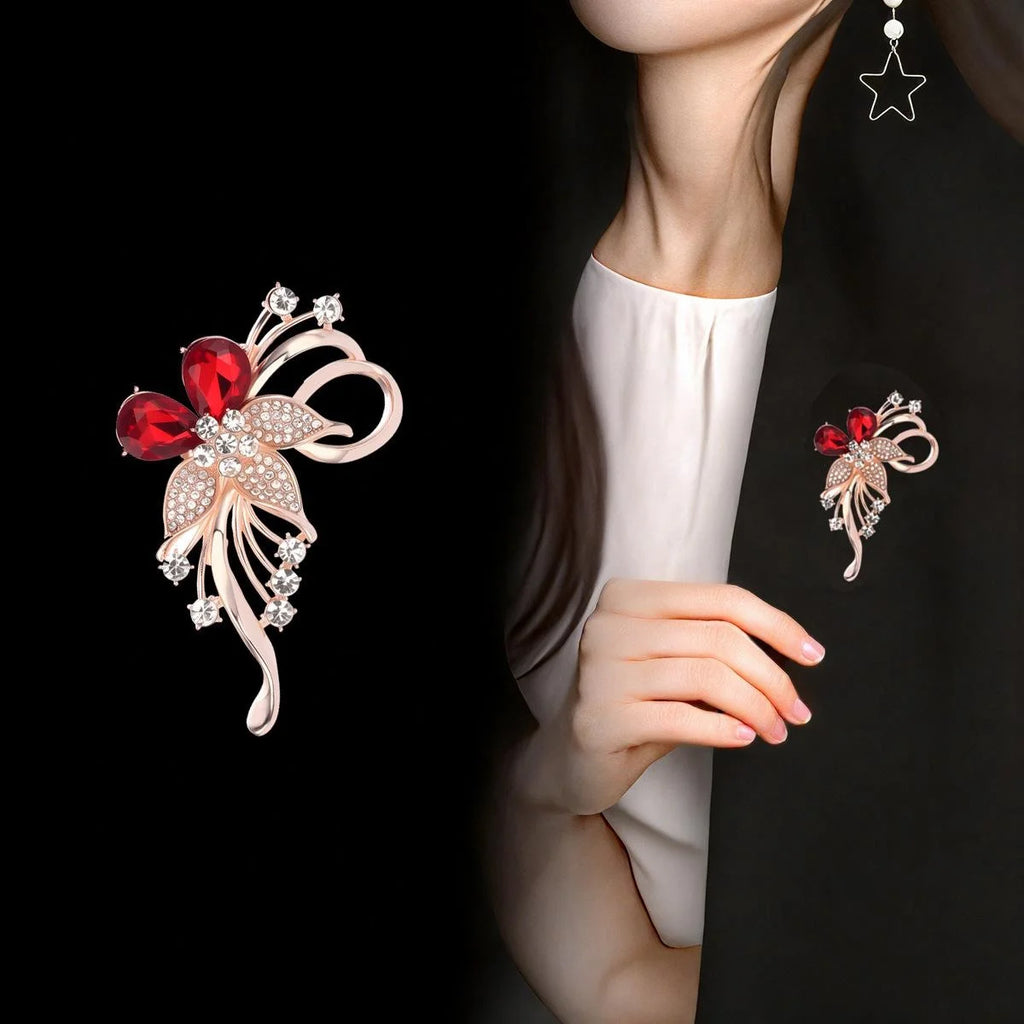 Luxury Red Crystal Flower Rhinestone Brooch Pin For Women, Elegant Alloy Lapel Corsage Suit Dress Gift