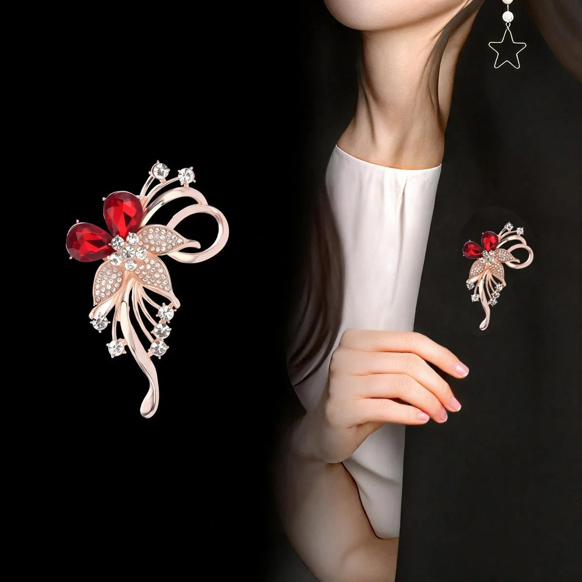 Luxury Red Crystal Flower Rhinestone Brooch Pin For Women, Elegant Alloy Lapel Corsage Suit Dress Gift