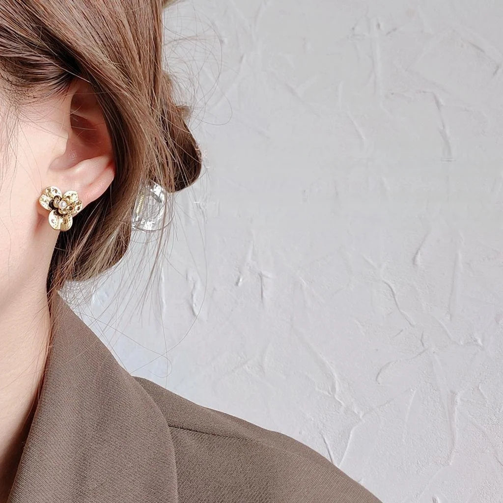Vintage Oxidized Antique Gold Alloy Three Petal Flower Stud Earrings