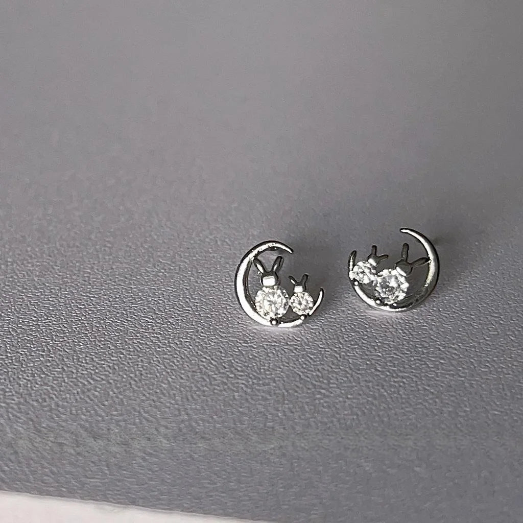 Cute Mini Moon Rabbit Micro Pave Zircon Stud Earrings Silver Tone Copper Sweet Cool Animal Jewelry