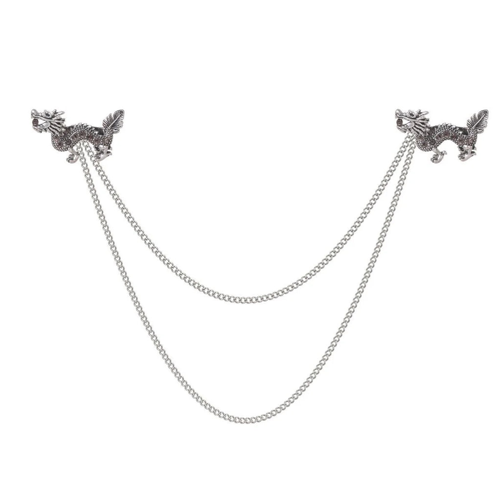 Vintage Rhinestone Dragon Collar Chain Brooch, Silver Alloy Animal Lapel Pin For Shirt Suit Accessory
