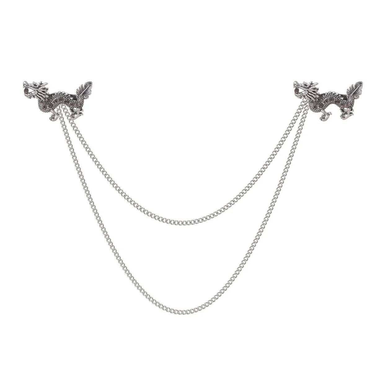 Vintage Rhinestone Dragon Collar Chain Brooch, Silver Alloy Animal Lapel Pin For Shirt Suit Accessory